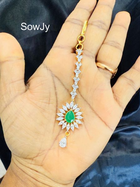 Lovely Diamond Look Alike Gold Finish Tikka- Green Stone- Design 1!!!!