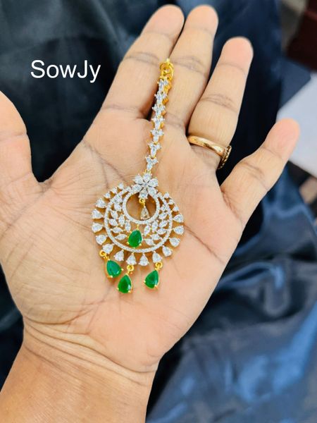 Lovely Diamond Look Alike Gold Finish Tikka- Green Stone- Design 3!!!!