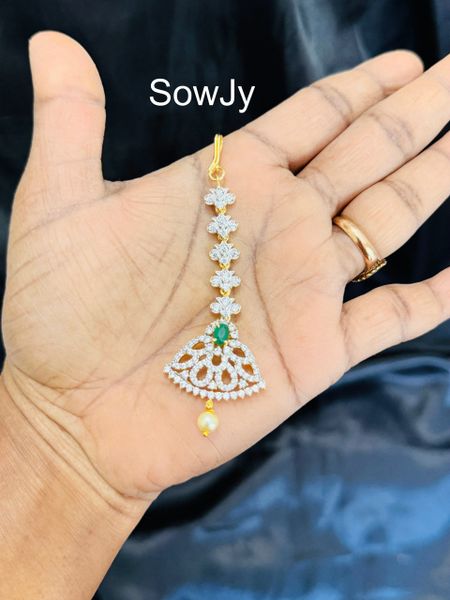 Lovely Diamond Look Alike Gold Finish Tikka- Green Stone- Design 4!!!!