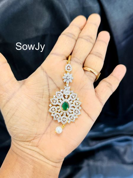 Lovely Diamond Look Alike Gold Finish Tikka- Green Stone- Design 9!!!!