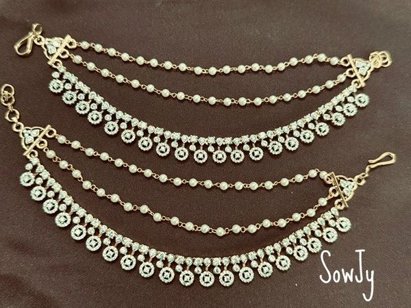 Diamond Look Alike Gold Finish Three Layer (Top 2 Pearl Chain) Ear Chain -Design 5!!!!