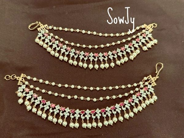 Diamond Look Alike Gold Finish Three Layer (Top 2 Pearl Chain) Ear Chain -Ruby Stones-Design 7!!!