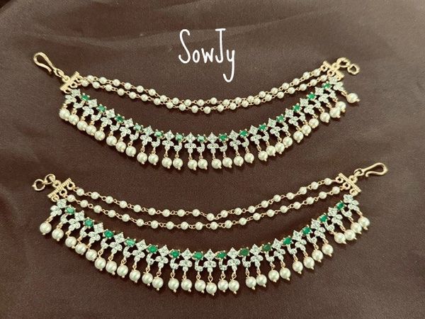 Diamond Look Alike Gold Finish Three Layer (Top 2 Pearl Chain) Ear Chain -Emerald Stones-Design 7!!!