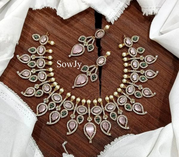 Classy Designer CZ Stones Paisley Designer Necklace with Matching Earrings- Pastel Pink!!!!