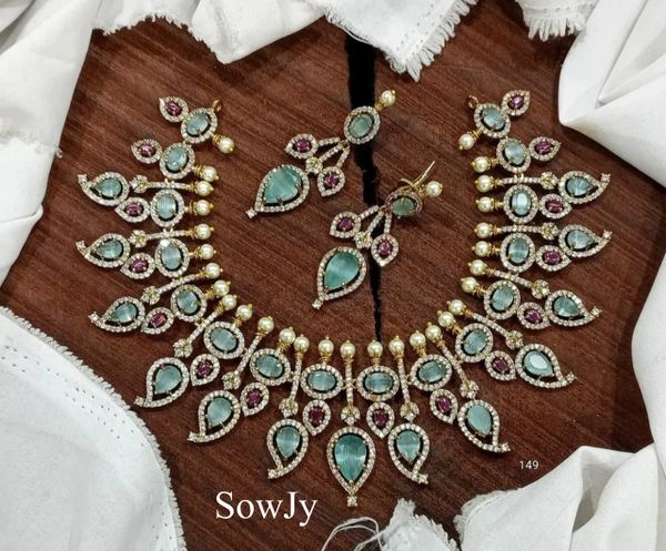 Classy Designer CZ Stones Paisley Designer Necklace with Matching Earrings- Mint Green!!!!