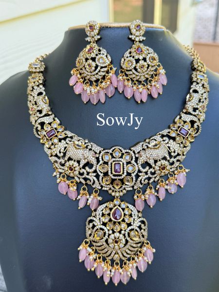 Very Grand and Big Size Elephant Designer Moissanite Stones Necklace with Matching Earrings- Pastel Pink!!!!