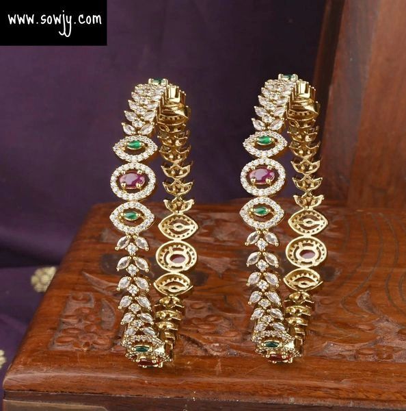 Leaf Pattern Gold Look Alike AD Stone Bangles-Set of 2-Size- 2.4