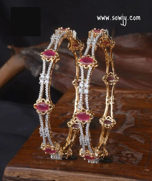 Classy Sleek Diamond Look ALike Gold Finish Bangles-Set of 2-Ruby-Size 2.4