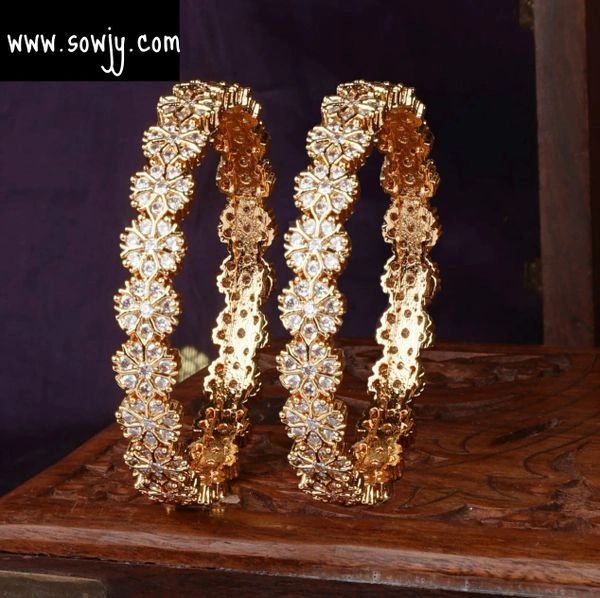 Full White AD Stone Sunflower Design Gold Look Alike Bangles- Size 2.6