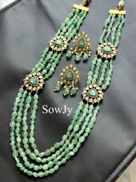 Very Beautiful Real Tourmaline 4 Layer Long Beads Double Side Brooch Pendants with Moissanite Stones in Victorian Finish with Screwback Earrings-Mint Green !!!