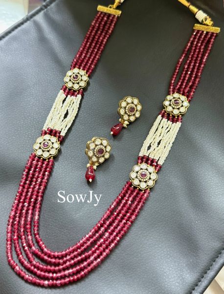 Victorian Finish Moissanite Stones Double Side Brooch pendant Real Agate Beads 5 layer Long Maala with Matching Screwback Earrings-Red!!!