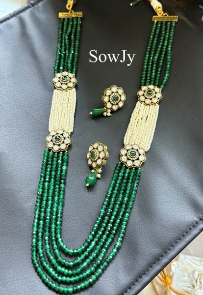 Victorian Finish Moissanite Stones Double Side Brooch pendant Real Agate Beads 5 layer Long Maala with Matching Screwback Earrings-Green!!!