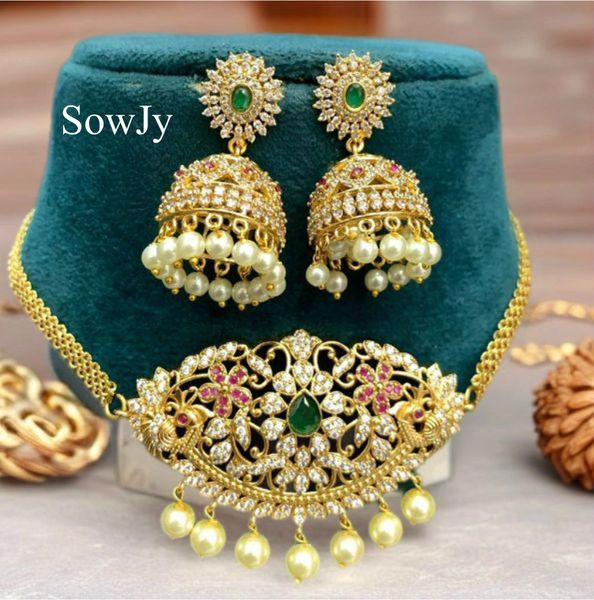 Simple and Elegant Gold Replica Choker Set with medium Sized Jhumkas!!!