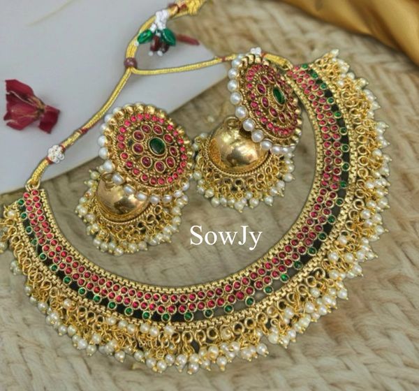 Beautiful Grand Gungrooo Gold Finish necklace with Matching Big Studs Light Weighted Jhumkas-Red and Green !