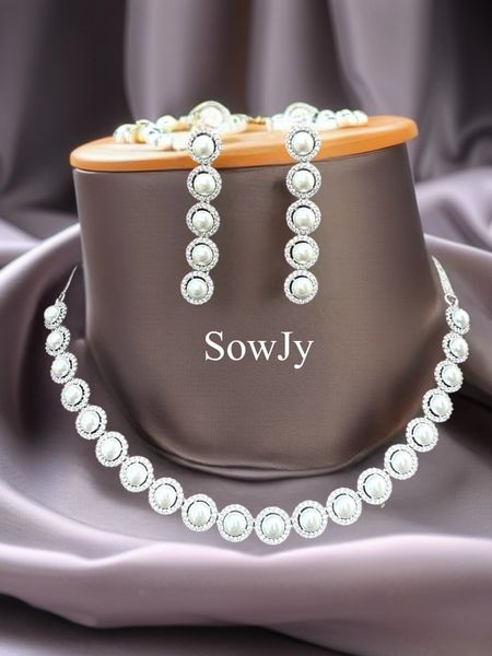 Lovely Premium Quality Fresh Water Pearl and CZ Stones Necklace with Matching Earrings- Silver Finish!