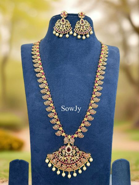 Grand Floral Big Size Pendant Kemp Stone Paisley/Maanga Long Haaram with Matching Earrings- Red and White- NO GOD/GODESS/ANIMAL MOTIFS!