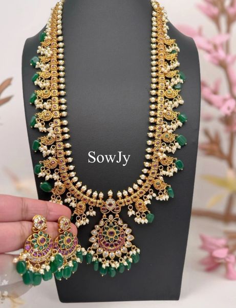 Jadau Replica Real Kemp Stone Chaandbali Pendant Long Guttapusalu Haaram with matching Earrings in Gold Finish- NO GOD/GODDESS/NO ANIMAL MOTIFS!!!