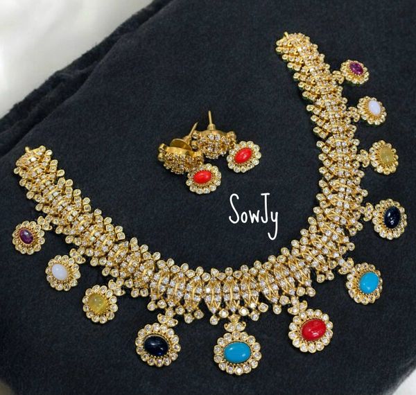 Beautiful Multi-Color AD Stones Gold Look Alike Necklace with Earrings!!!
