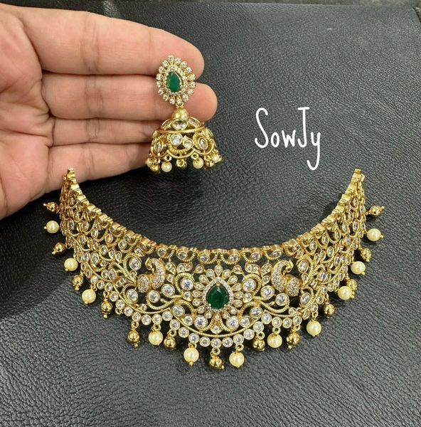 Lovely Moissanite Stones Gold Look Alike Choker Set with Matching Jhumkas!!!