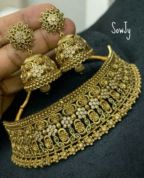 Lovely Grand Gold Look Alike Choker Set with Matching Jhumkas-NO GOD/GODDESS/NO ANIMAL MOTIFS!!!!