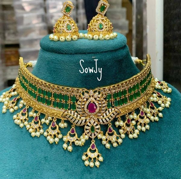 Very Grand Floral Pendant Choker Set with matching Jhumkas- GREEN!!!!