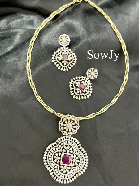 Big Floral Diamond Replica Pendant in Dual Tone Twisted Hasli Necklace with Big Light Weighted Earrings- Ruby!!!!