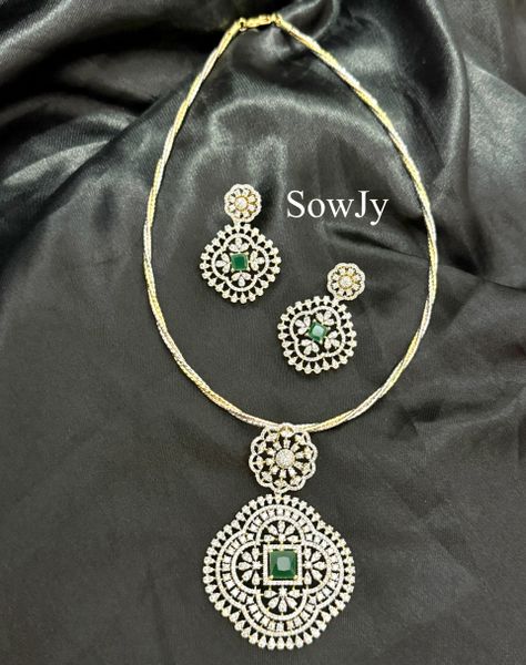 Big Floral Diamond Replica Pendant in Dual Tone Twisted Hasli Necklace with Big Light Weighted Earrings- Green !!!!