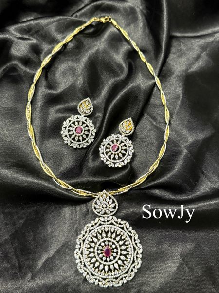 Big Floral Diamond Look Alike Pendant ion Twisted Dual Tone White and Gold Hasli Necklace and Matching Earrings- Ruby!!!!