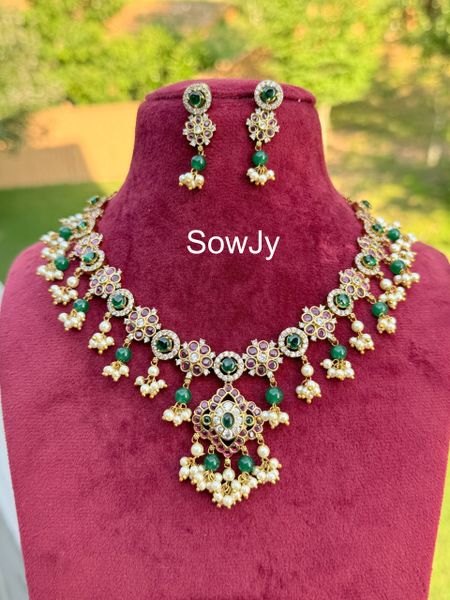 Real Kemp Stone Floral Pendant Designer Short and Simple Guttapusalu Style Necklace in Gold Finish with Matching Small Earrings-NO ANIMAL MOTIFS/NO GOD/NO GODDESS