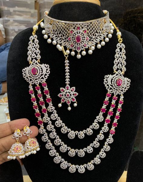 Very Grand Bridal Set In Diamond Look Alike- Choker,Long Three Layer Side Pendant Haaram,Jhumkas and Matching Tikka- RUBY !