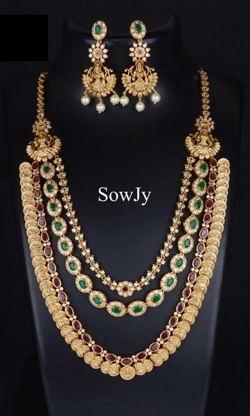Very Grand Three layer Lakshmi Coin Long Haaram with matching Earrings- Just Like Real Gold!!!!