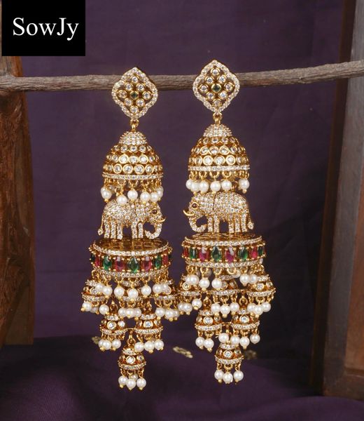 Elephant Designer Very Long And Big Size Light Weighted Layered Jhumkas-Red and Green!!!!