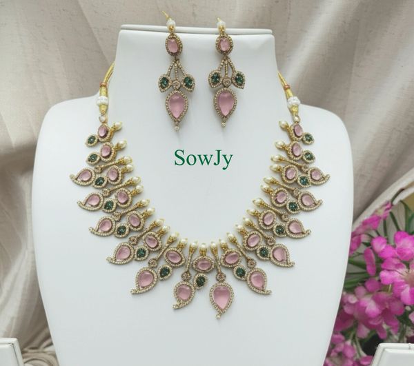 Classy Designer CZ Stones Paisley Designer Necklace with Matching Earrings- Pastel Pink!