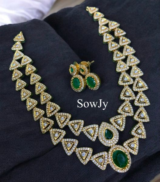 Lovely Victorian Finish Two Layer AD Stones Short necklace with Earrings-Green Center Stones!!!