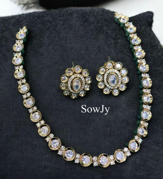 Lovely Moissanite Stones Gold Finish Single Line Short Necklace with Matching Studs!!!