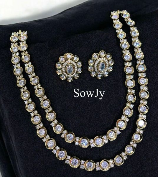 Lovely Moissanite Stones Gold Finish Single Two Lines Short Necklace with Matching Studs!!!