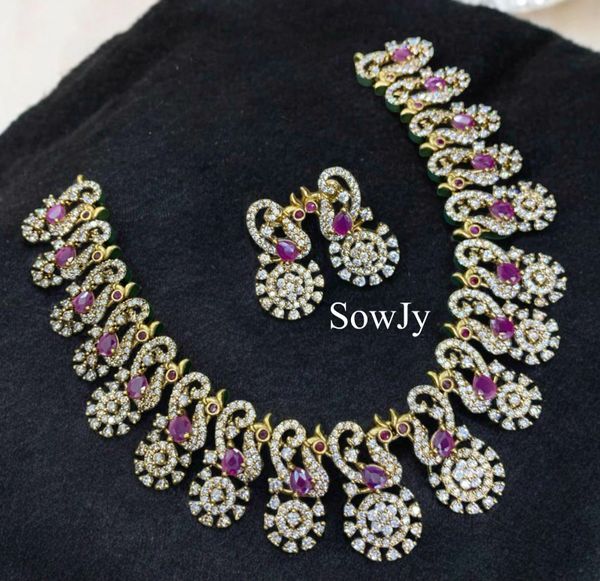 Grand AD Stone Peacock Diamond Replica Designer Necklace with Earrings- Ruby!!!