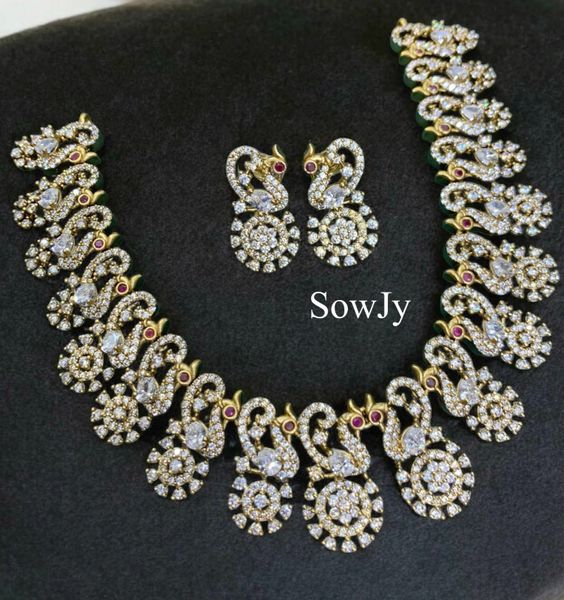 Grand AD Stone Peacock Diamond Replica Designer Necklace with Earrings- Full White!!!