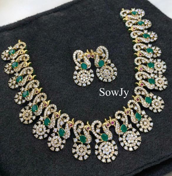 Grand AD Stone Peacock Diamond Replica Designer Necklace with Earrings- Green!!!