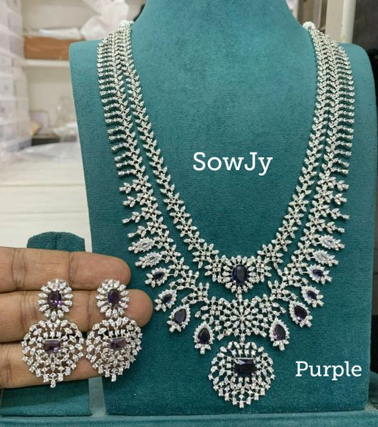 Very Grand Two Layer Diamond Look Alike Long Necklace with Matching Earrings in SILVER FINISH- Purple Stones!!