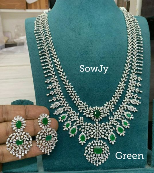 Very Grand Two Layer Diamond Look Alike Long Necklace with Matching Earrings in SILVER FINISH- Green Stones!!