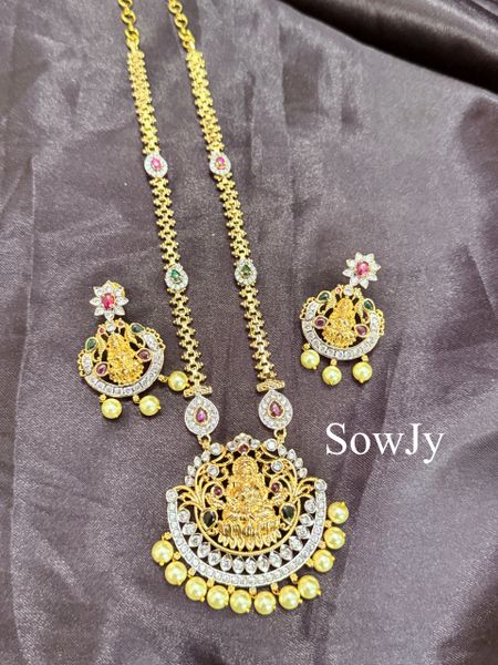 Beautiful Lakshmi Devi Pendant in Dual Finish-Gold and Rhodium with Uncut AD Stones and Long Designer Chain and matching Earrings!!!