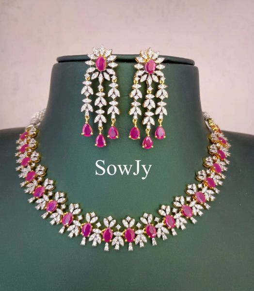 Beautiful Diamond Finish Grand Necklace Cum Choker Type with Beautiful Earrings in Gold Finish-Ruby Stones!!!