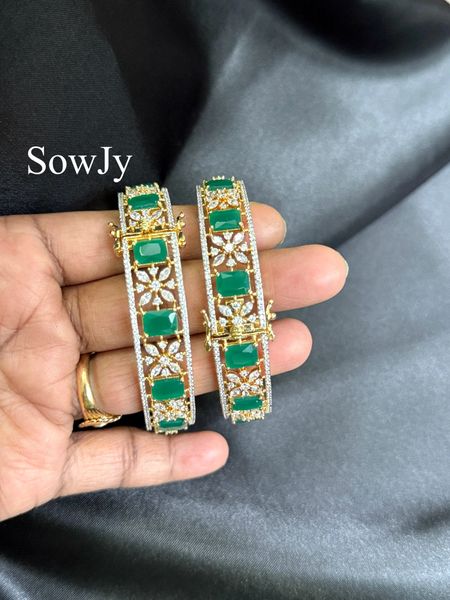 Floral Designer Diamond Look Alike Wide Open Type Bangles- Green-Size 2.6