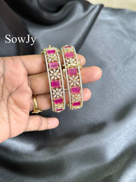 Floral Designer Diamond Look Alike Wide Open Type Bangles- Ruby-Size 2.4