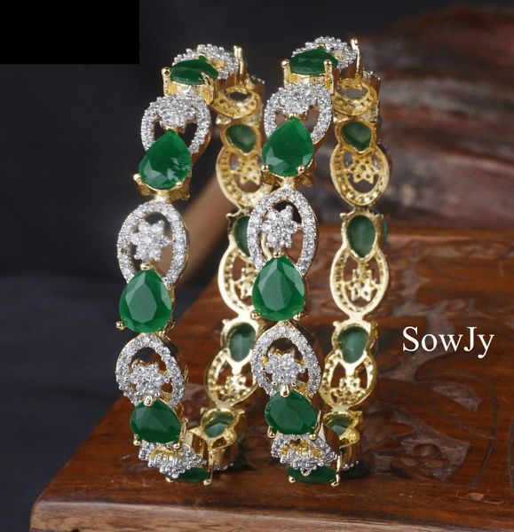 Floral Design Diamond Finish Bangles-Green-Size 2.6