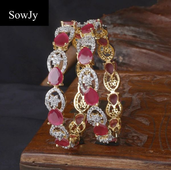 Floral Design Diamond Finish Bangles-Ruby-Size 2.8