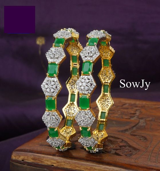 Hexagaon Shaped Designer Diamond look Alike Bangles-Green-Size 2.8