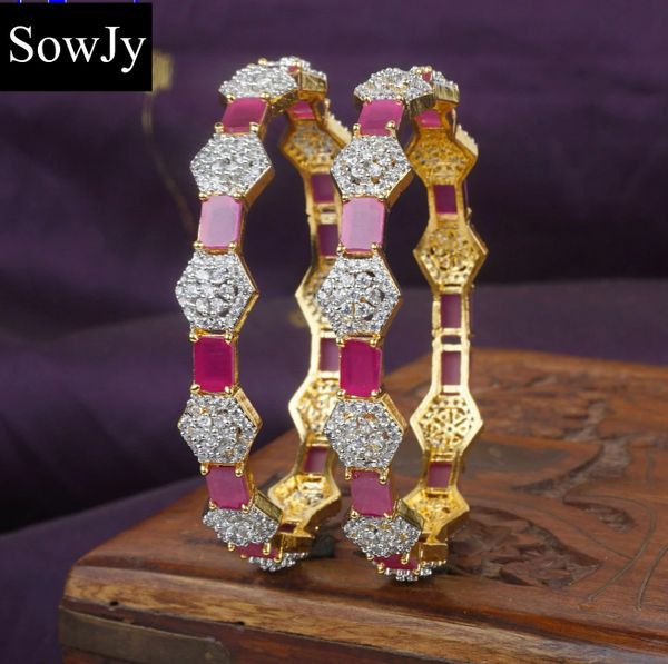 Hexagaon Shaped Designer Diamond look Alike Bangles-Ruby-Size 2.6