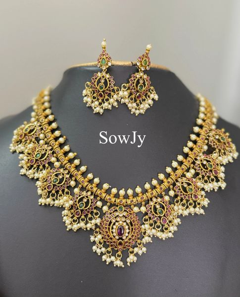 Gold Replica Floral Pendant Short Guttapusalu Haaram with Matching Earrings with Rice pearl Hangings- NO GOD/NO GODDESS/NO ANIMAL MOTIFS!!!
